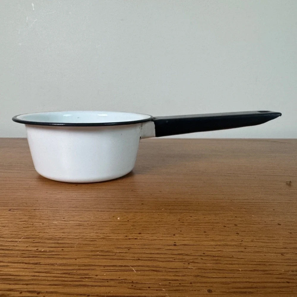 Vintage White Enamel Small‎ Saucepan Black Trim Farmhouse Decor